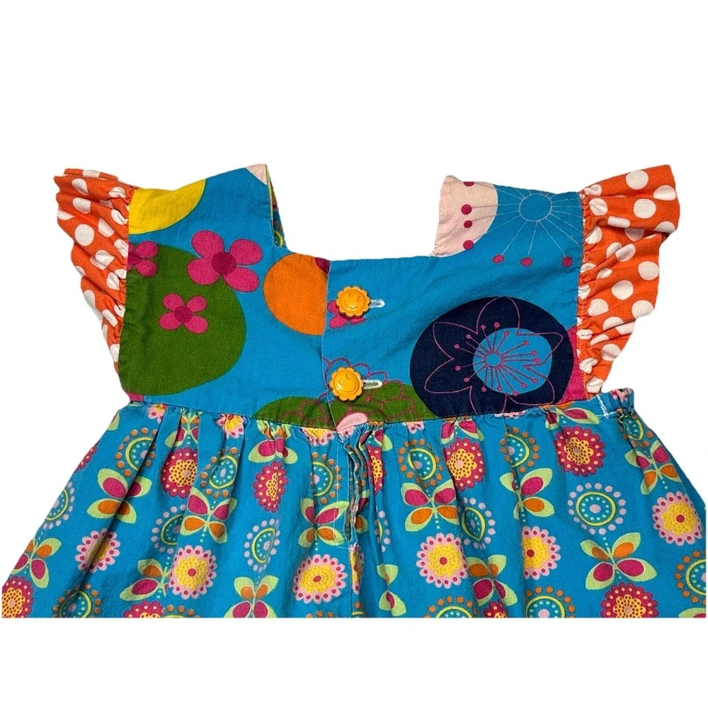 Girls Size‎ 4 Colorful Floral Patchwork Dress Ruffle Sleeves Retro Style Cotton